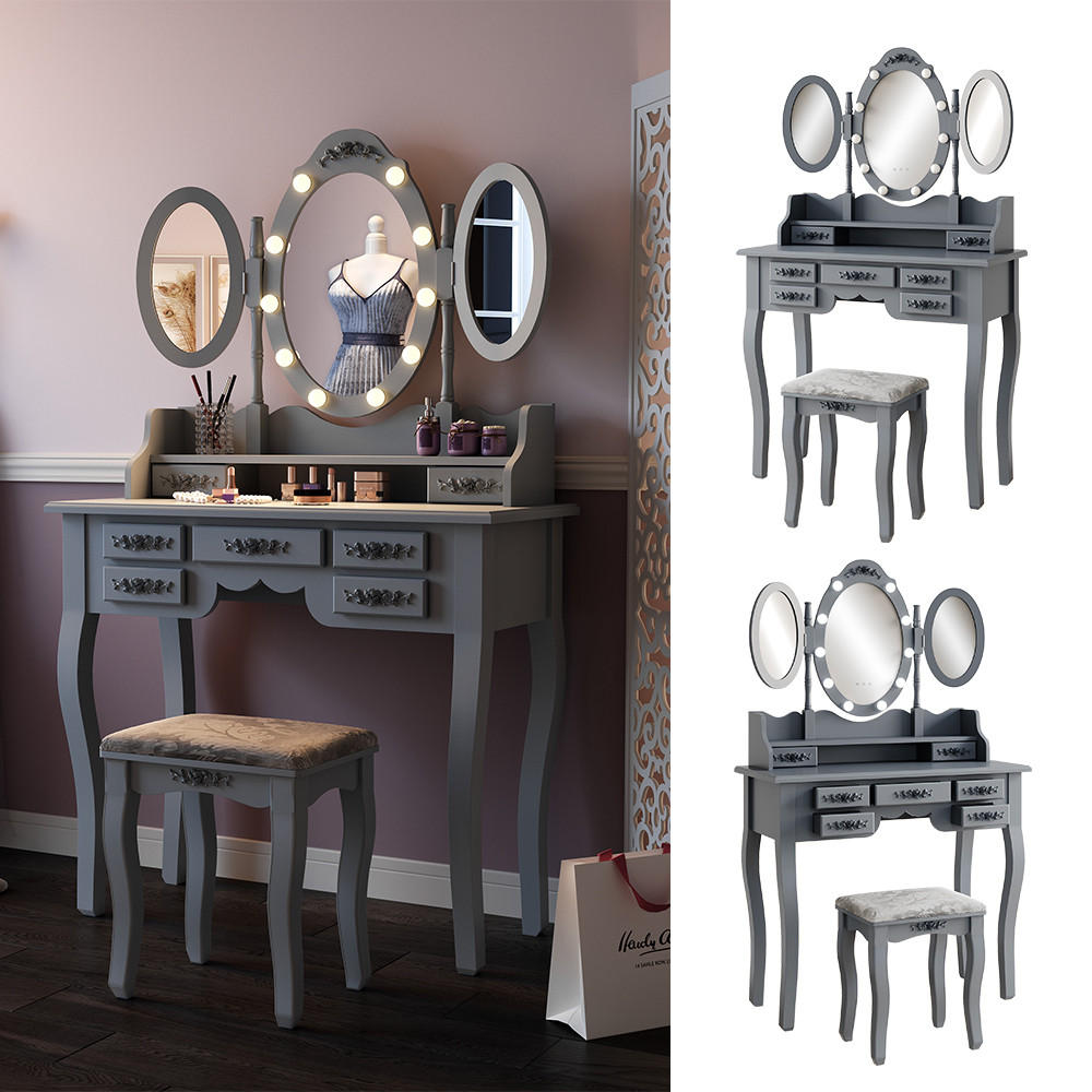SCHMINKTISCH Diana Grau 90 cm mit Beleuchtung und Hocker - Grau, Holzwerkstoff (90/147/40cm) - Vicco