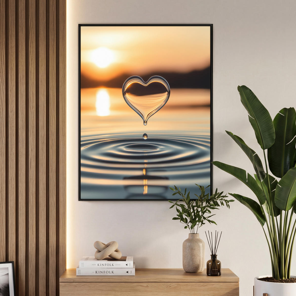 LEINWAND Bilder mit Rahmen - Herz - Wasser - Sonnenuntergang - Natur - Zen - 70x100 - Bernsteinfarben, Textil (70/100cm) - MuchoWow