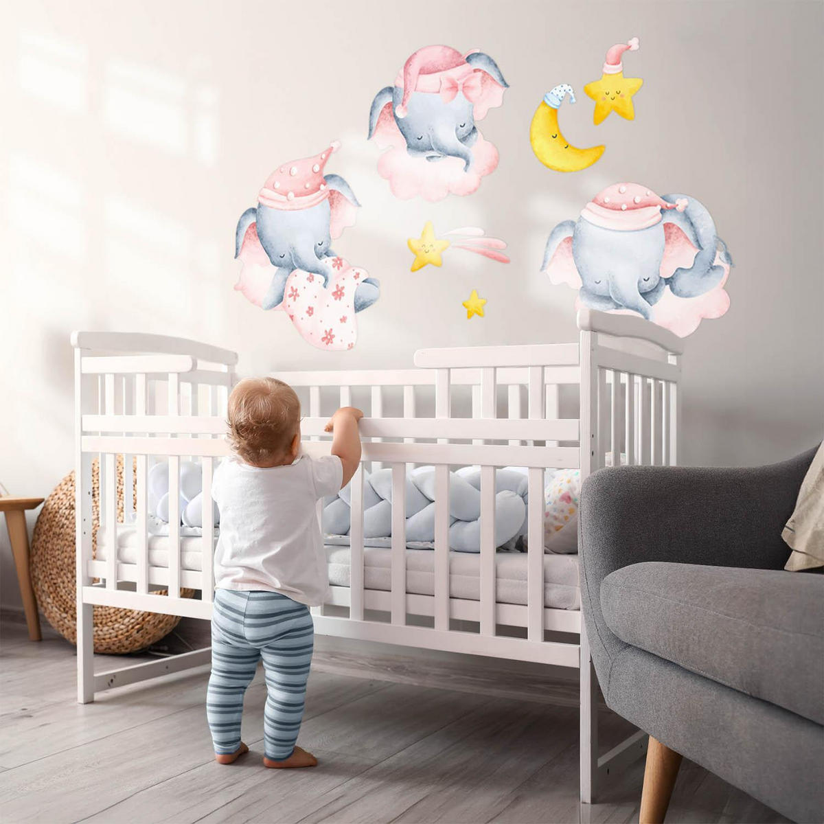 WANDAUFKLEBER 130x198cm - Pastellfarbene Elefantenwolken - Multicolor, Kunststoff (130/198/0.1cm) - Wallfluent