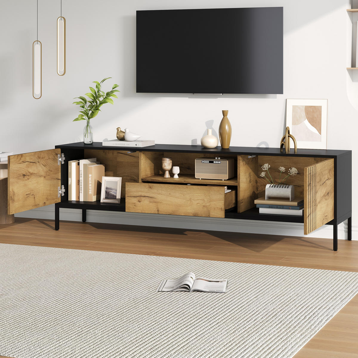 LOWBOARD in Naturfarben mit 2 Schränken & Schublade , für TVs bis 70 Zoll, B170/T35/H50cm - Schwarz/Naturfarben, Holzwerkstoff/Metall (170/50/35cm) - STILVORA