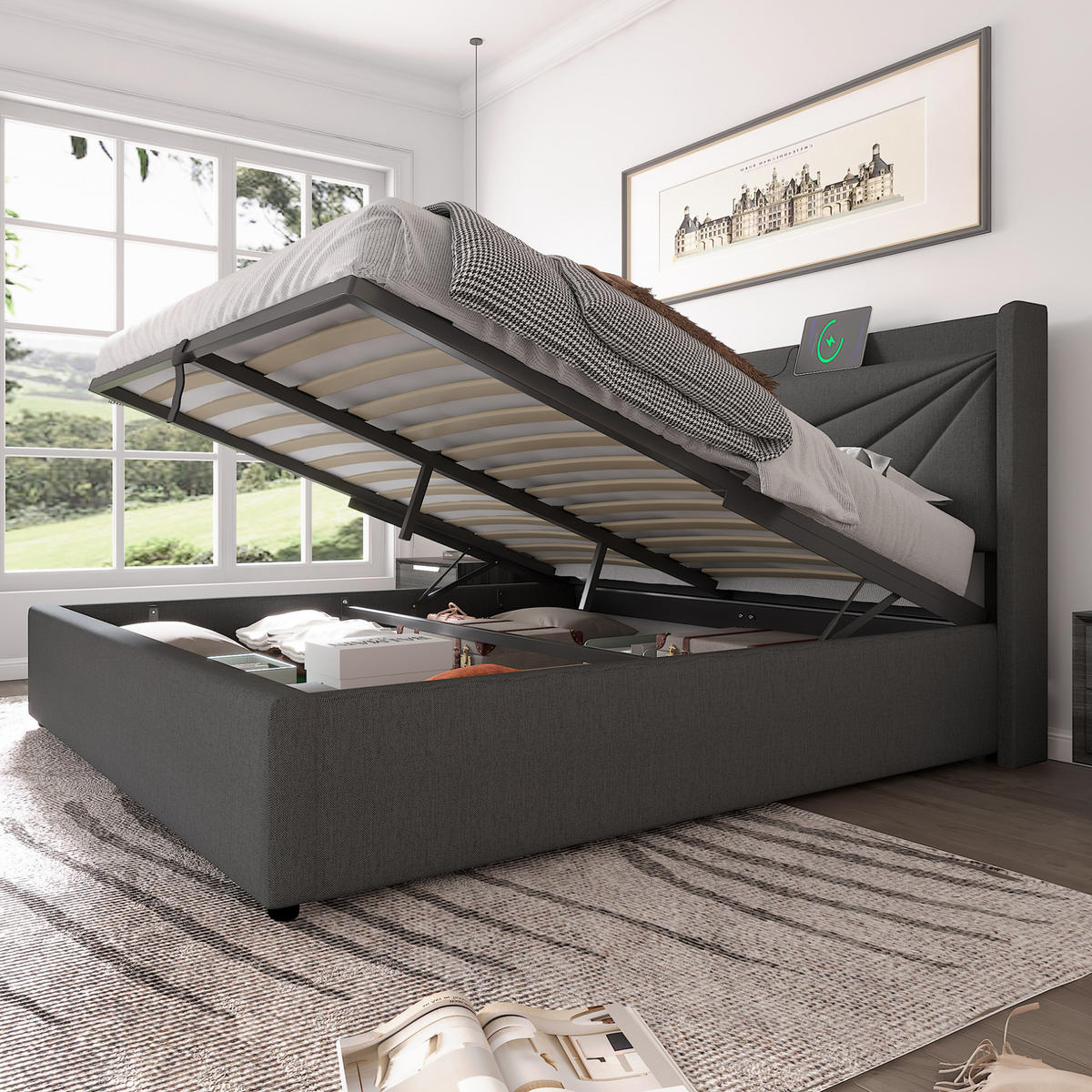 POLSTERBETT mit Bettkasten USB/Typ-C 140x200 cm Grau - Grau, Metall (140/200cm) - Meubliv