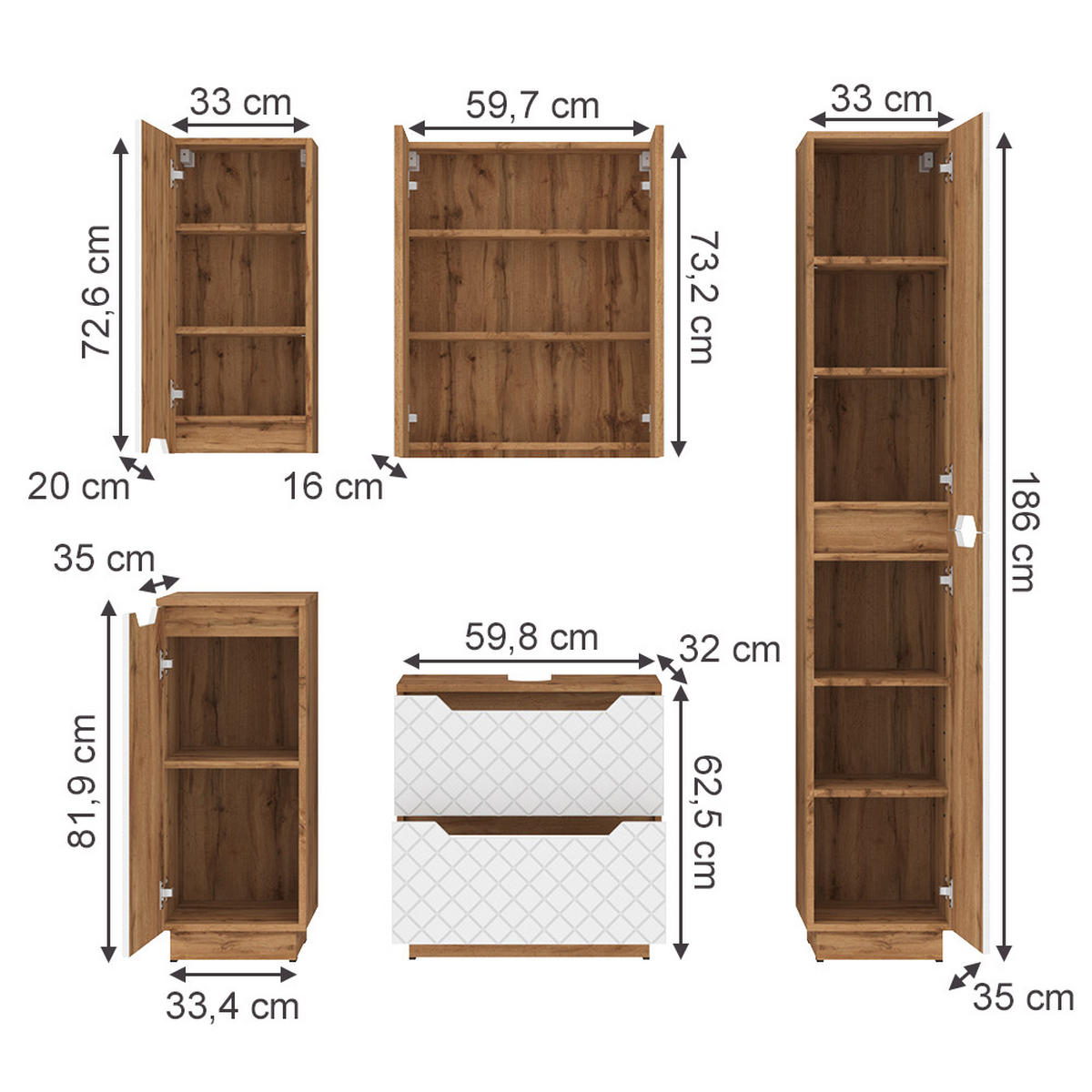 KOUPELNOVÝ NÁBYTEK Lotta Dub/bílá se strukturou dlaždic - bílá/barva dubu, kompozitní dřevo (59.8/62.5/32cm) - Vicco