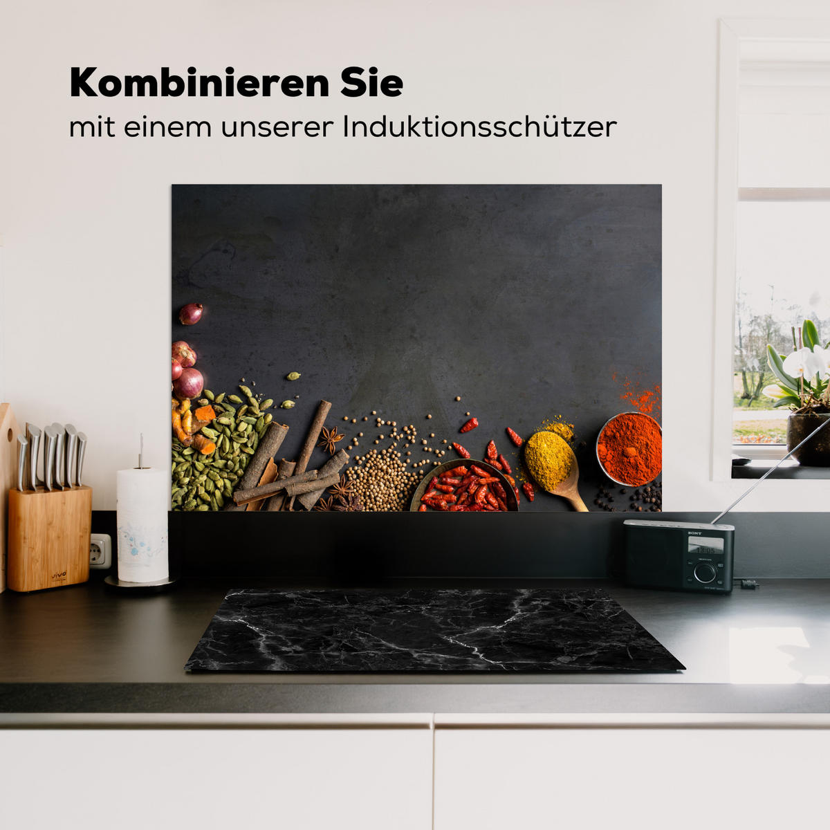 SPRITZSCHUTZ KÜCHE Kräuter - Lebensmittel - Gewürze - Schwarz - Paprika - Zimt 80x55 cm - Currygelb, Metall (80/0.3/55cm) - MuchoWow