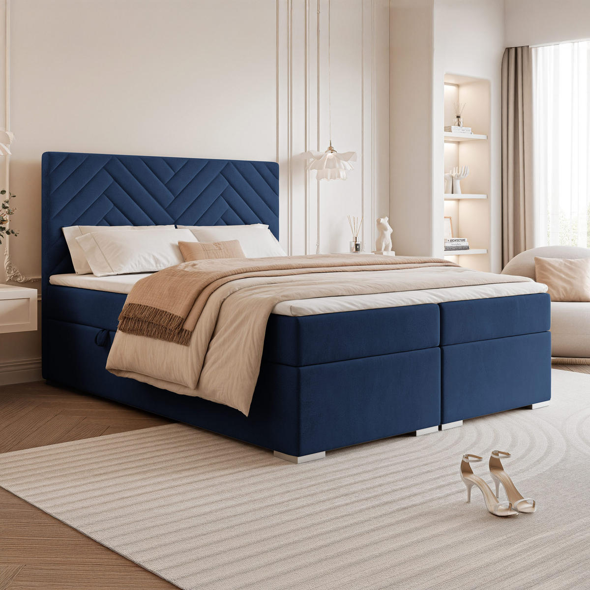BOXBETT NEREA 160/200 cm mit Matratze und Topper, Marineblau - Dunkelblau, Textil (160/200cm) - Idohome