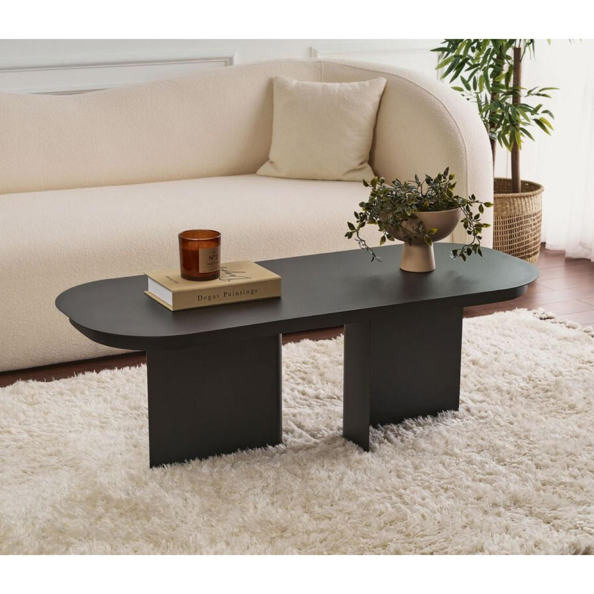 COUCHTISCH mit abgerundeter platte und 2 beinen 44/120/45 cm - Schwarz, Metall (124/44/45cm) - Calicosy