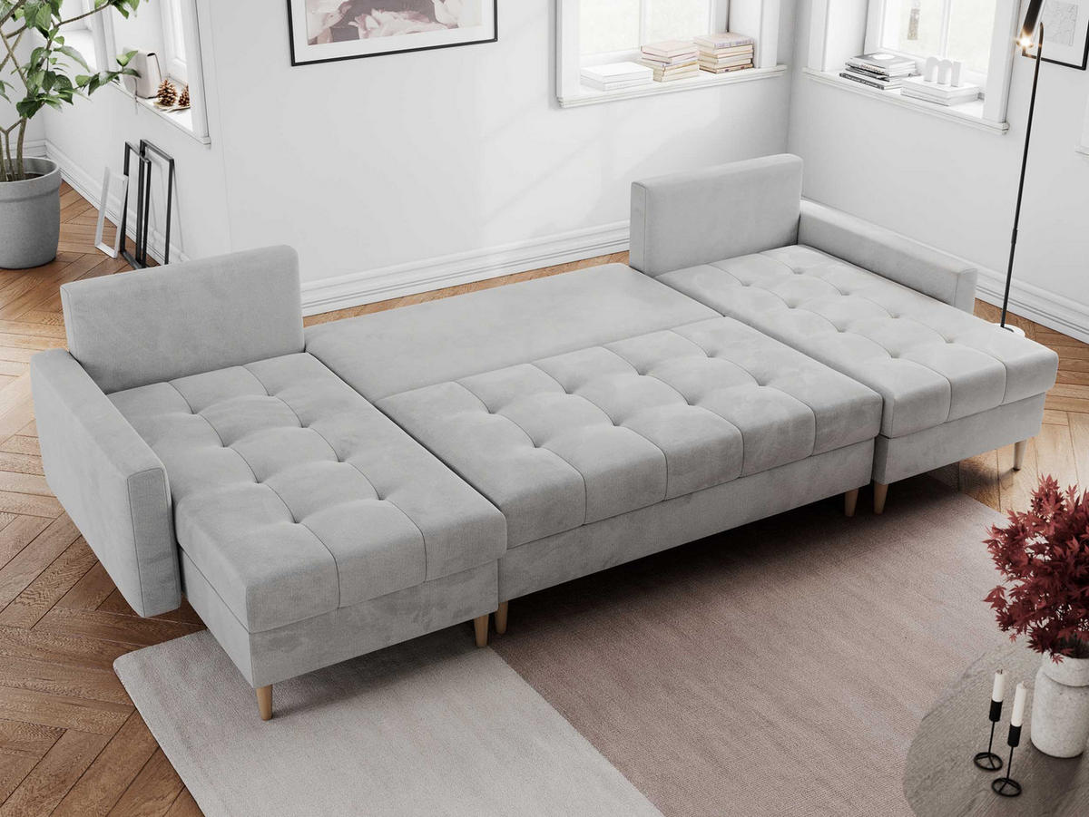 WOHNLANDSCHAFT Colin U Velvet Hellgrau - Hellgrau/Braun, Holz/Textil (290/75/140cm) - MKS