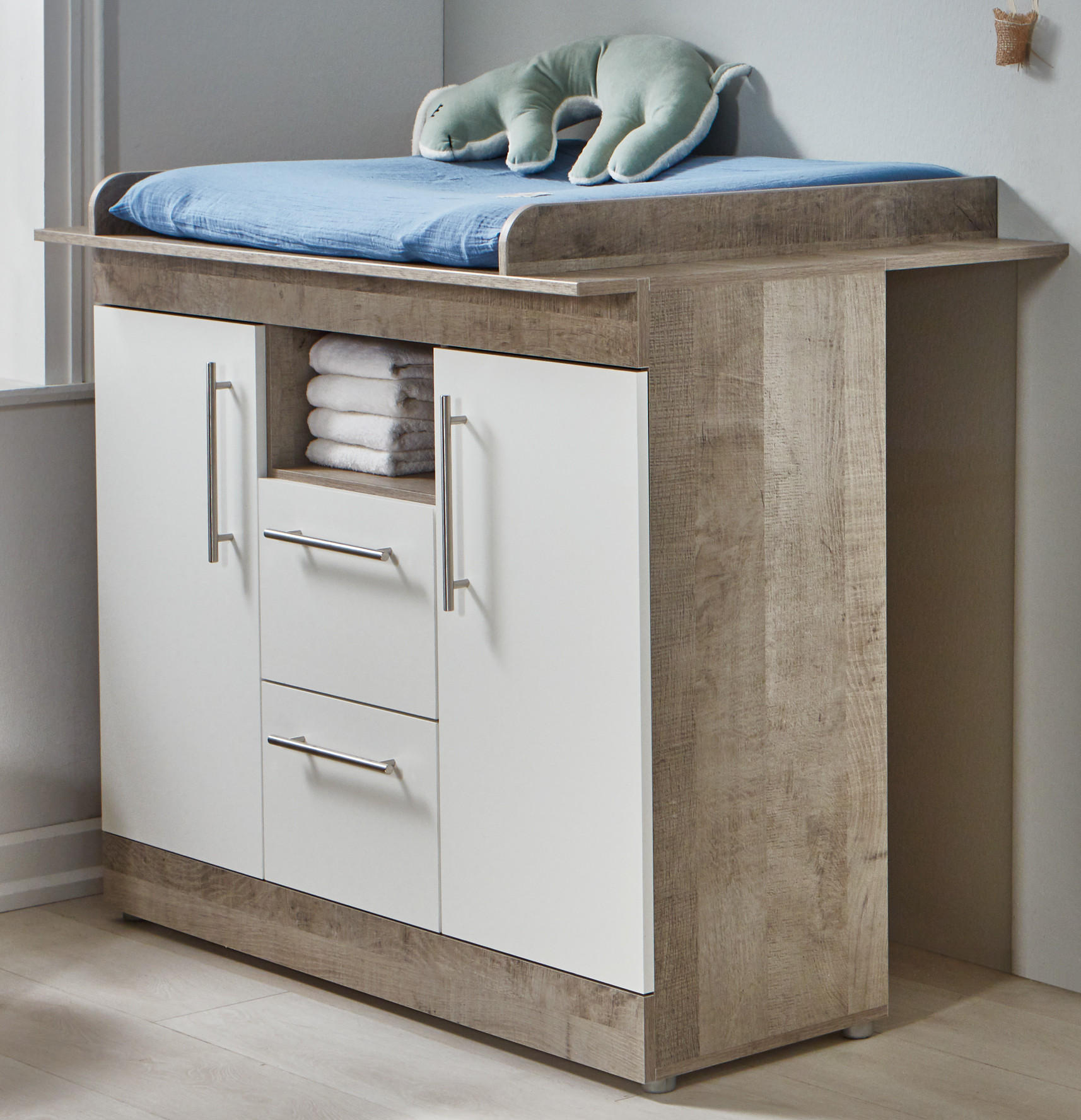 WICKELKOMMODE Selina Platinum Oak Weiß - Eichefarben/Silberfarben, Holzwerkstoff (115/100/75cm) - arthur berndt