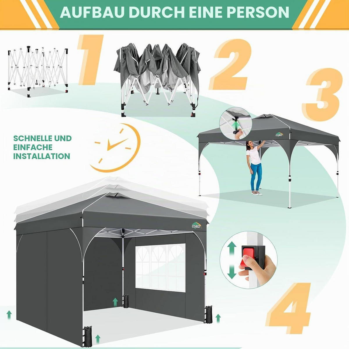 FALTPAVILLON 3x3m Grau Wasserdicht mit 3 Seitenteilen und Zentralverriegelung - Grau, Textil (300/265/300cm)