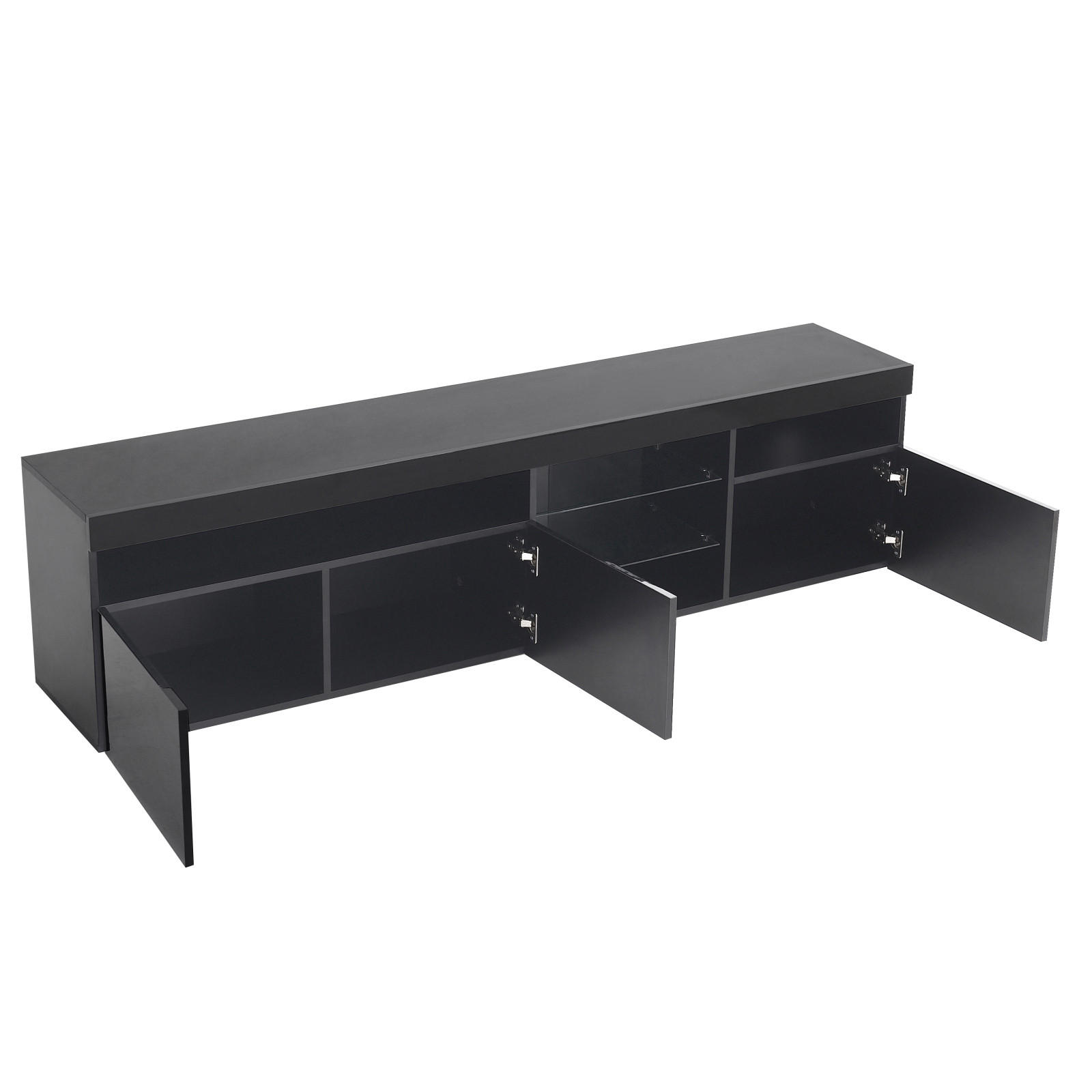 TV Lowboard LED, 3 Türen, 2 Glasregale, Schwarz - Schwarz, Holz (180/45/35cm)