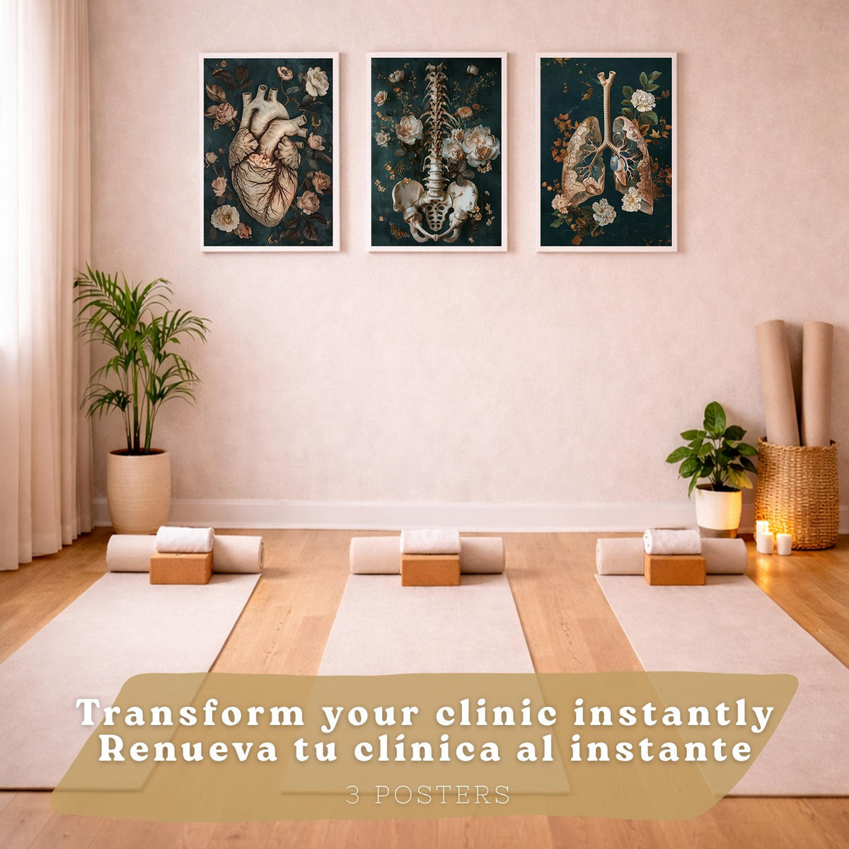 POSTER Set aus 3 Anatomie Mensch Drucke und Wandbilder mit Herz Atmungssystem und Skelett Botanischer Stil Wanddekoration Größe Weißer Rahmen A4 - Weiß, Papier (21/29.7/3cm) - Nacnic