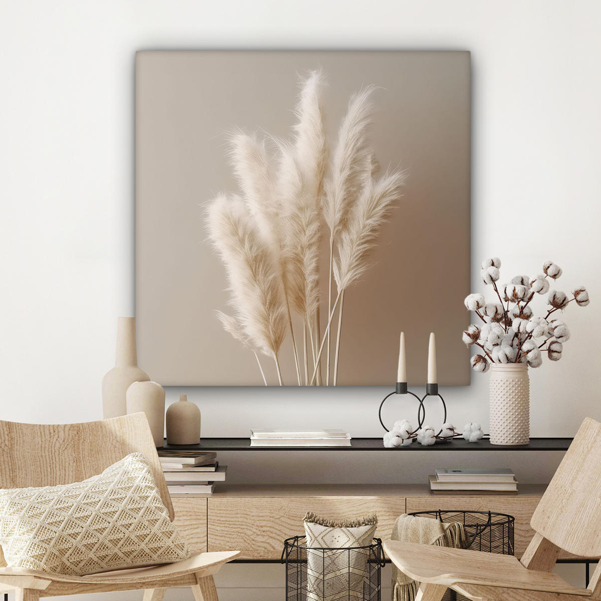 LEINWANDBILD Pampasgras - Federn - Pastell - Weiß Deko Groß 90x90 cm - Naturfarben, Textil (90/90cm) - MuchoWow