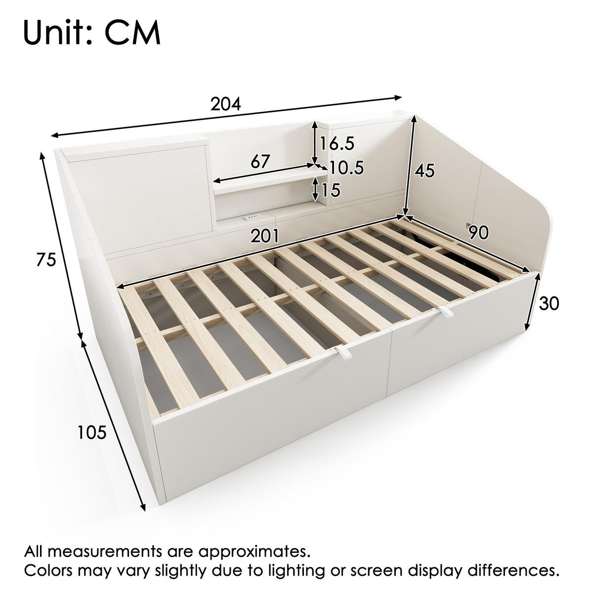 POLSTERBETT 90/200 cm mit USB- und Type-C-Ladestation, hydraulischem Stauraum und Ablagen, Holz, Weiß - Weiß, Textil (90/200cm) - Redom