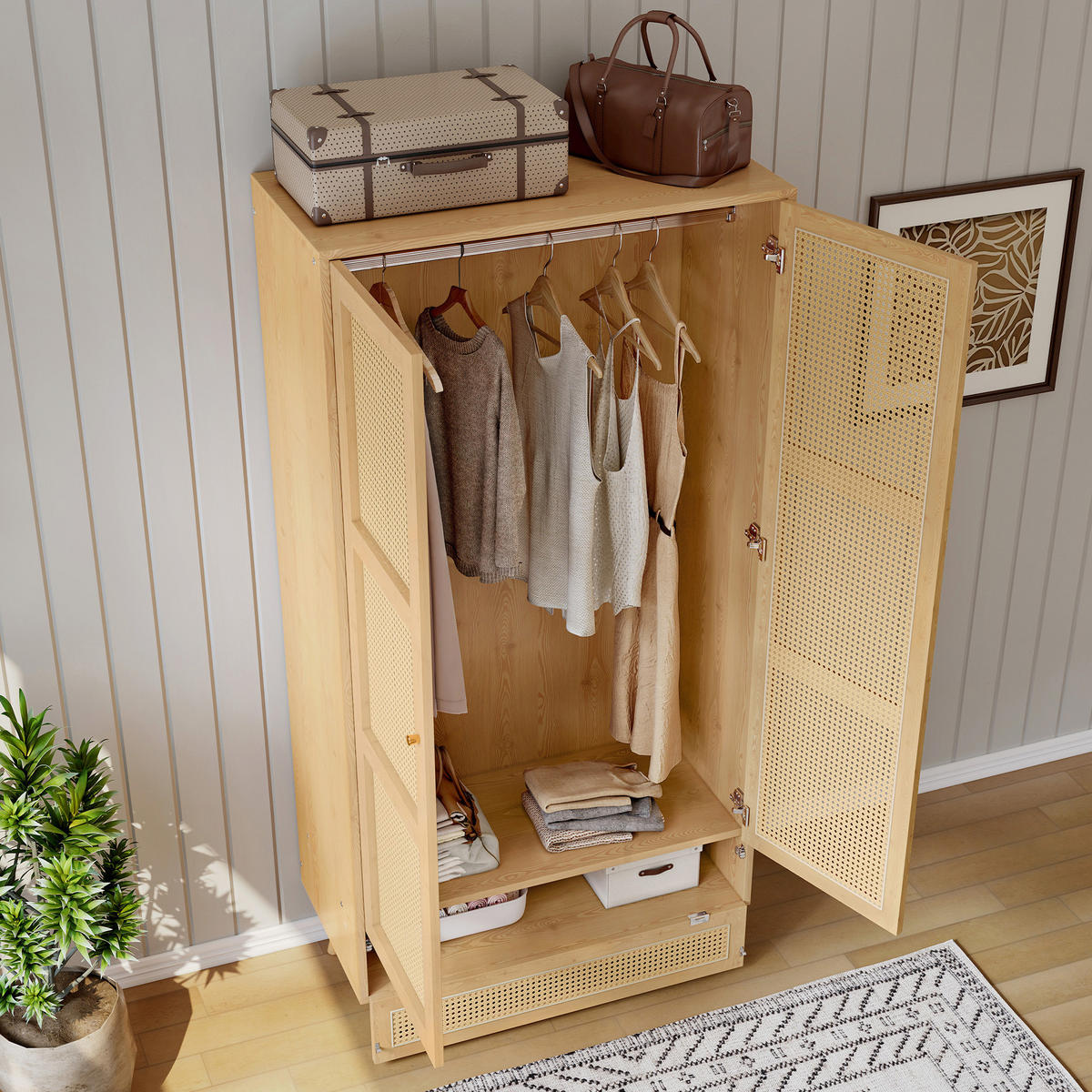 KLEIDERSCHRANK 90/45/183 cm mit 2 Drehtüren und Rattan-Optik in Natur - Naturfarben, Holz (90/183/45cm) - BEAOK