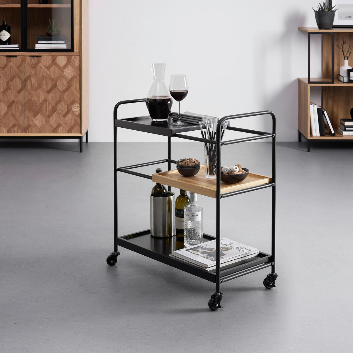 ROLLWAGEN Giorgia Eichefarben/ Schwarz Echtholz/MDF - Schwarz, Holz (70/79/34cm) - Bessagi Home