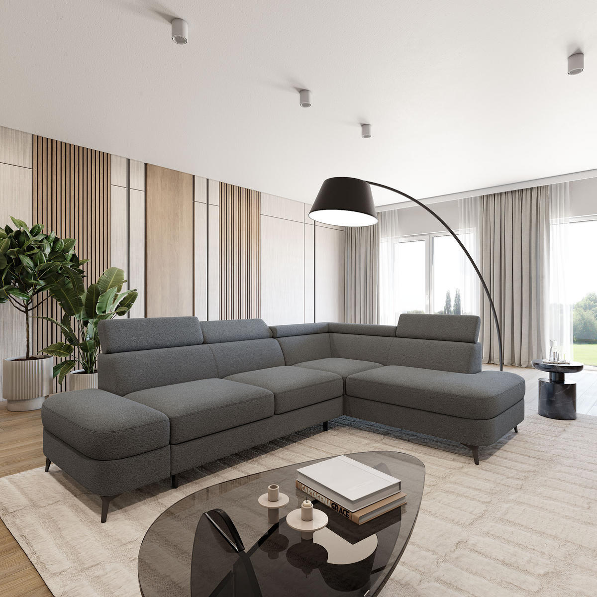 ECKSOFA AVISE Q R-S Grau Boucle-Stoff mit Schlaffunktion - Grau, Holzwerkstoff/Textil (268/195cm) - MASSENO