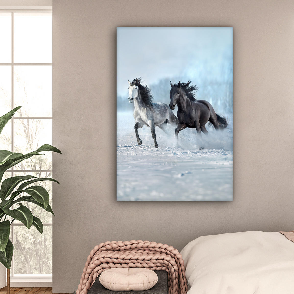 LEINWANDBILD Pferde - Winter - Tiere - Natur - Schnee 80x120 cm - Anthrazit, Textil (80/120cm) - MuchoWow