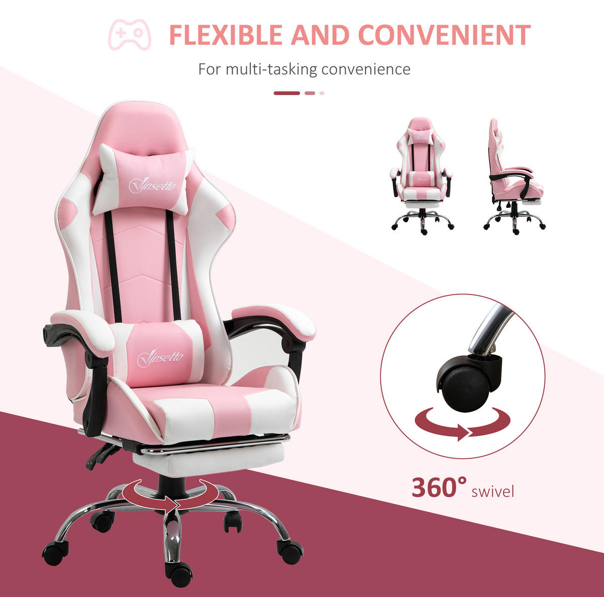 GAMING stol 67/64/119-127 cm, nastavljiv po višini z oporo za glavo in noge, penasto oblazinjenje, Roza - pink, umetna masa (67/127/64cm) - Redom
