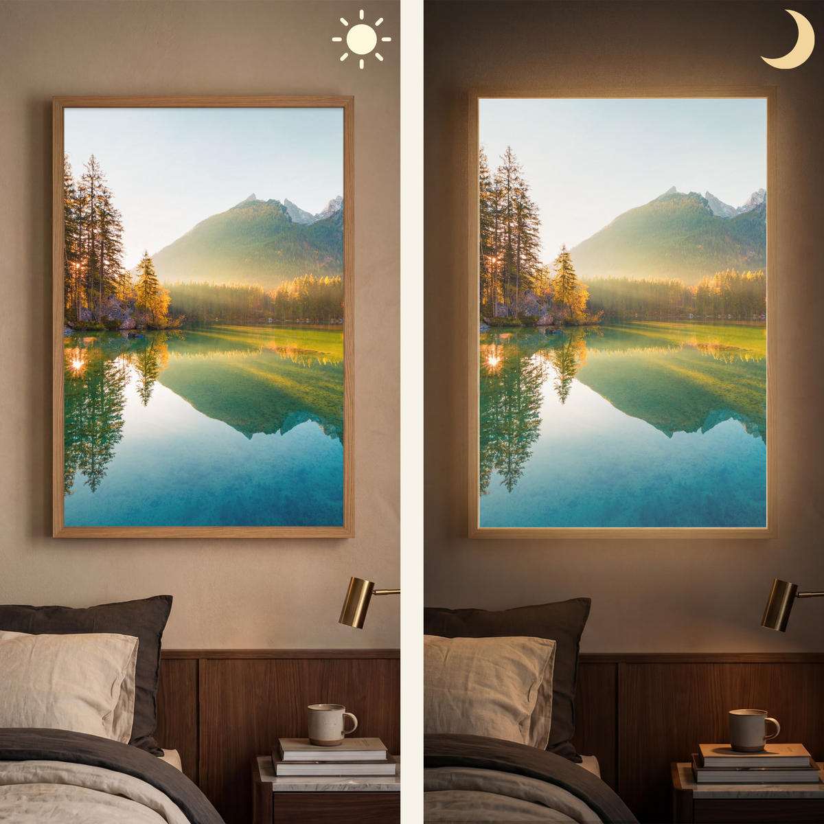 WANDLEUCHTE MIT AKKU See - Wald - Berge - Natur - Sonne - Landschaft 60x90 cm - Grün, Holzwerkstoff (60/90/8cm) - OnlyWow