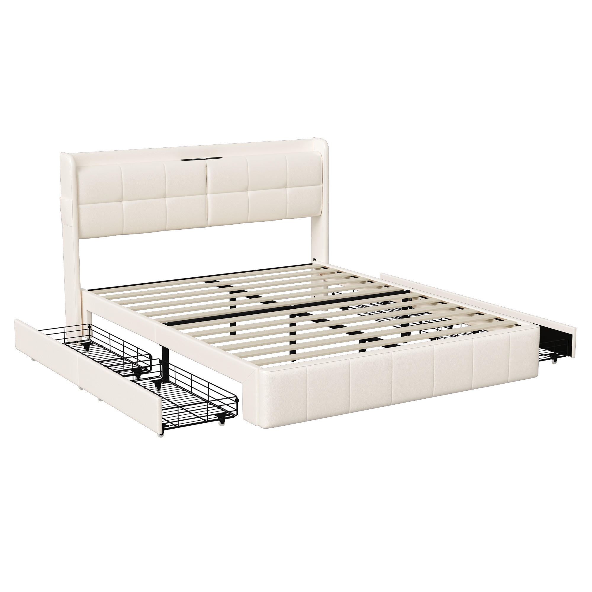 POLSTERBETT 160x200cm mit LED, USB & 4 Schubladen, Stauraumbett, Weiß - Weiß, Holz (160/200cm)
