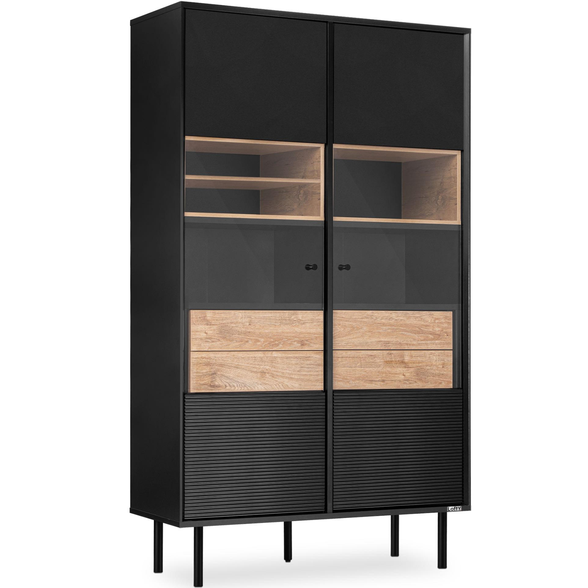 VITRINE LOFTY TV/Außenseiteneinlage, schwarz / Eiche natur - Eichefarben/Multicolor, Holzwerkstoff (102/174/41cm) - KONSIMO®