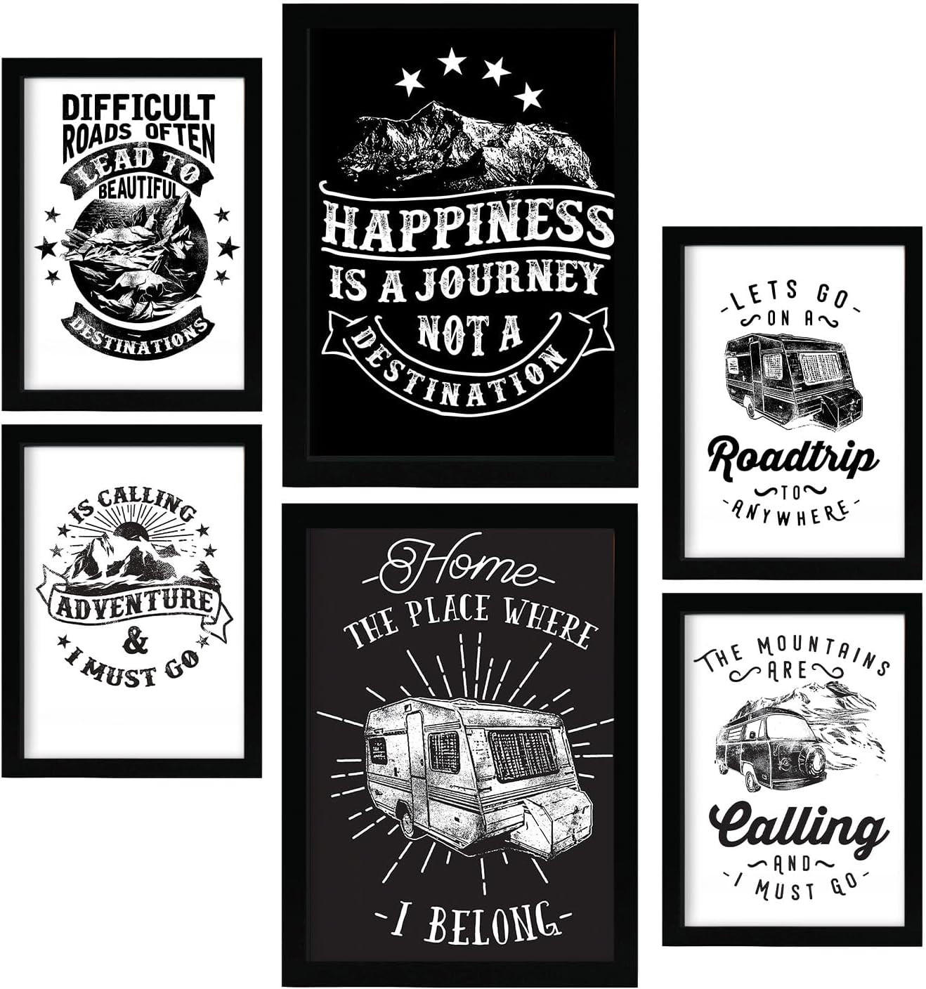 POSTER Set Mit 6 Reisen In Rustikale Zitate A3 & A4 Schwarzer Rahmen - Schwarz, Papier (29/3cm) - Nacnic