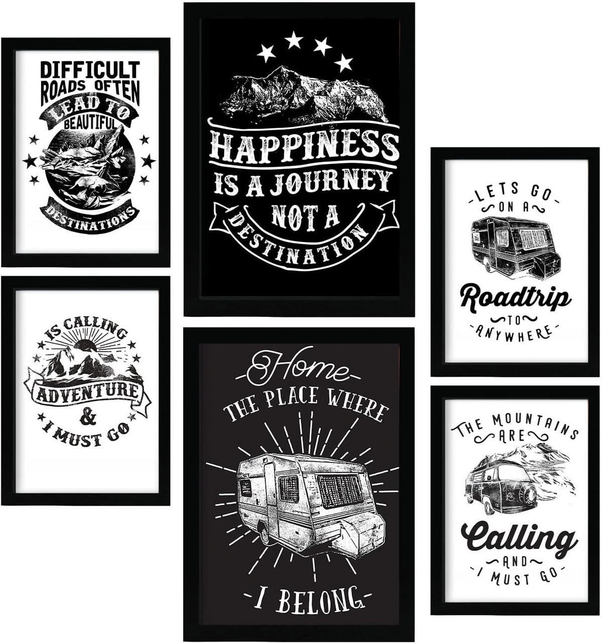 POSTER Set Mit 6 Reisen In Rustikale Zitate A3 & A4 Schwarzer Rahmen - Schwarz, Papier (29/3cm) - Nacnic