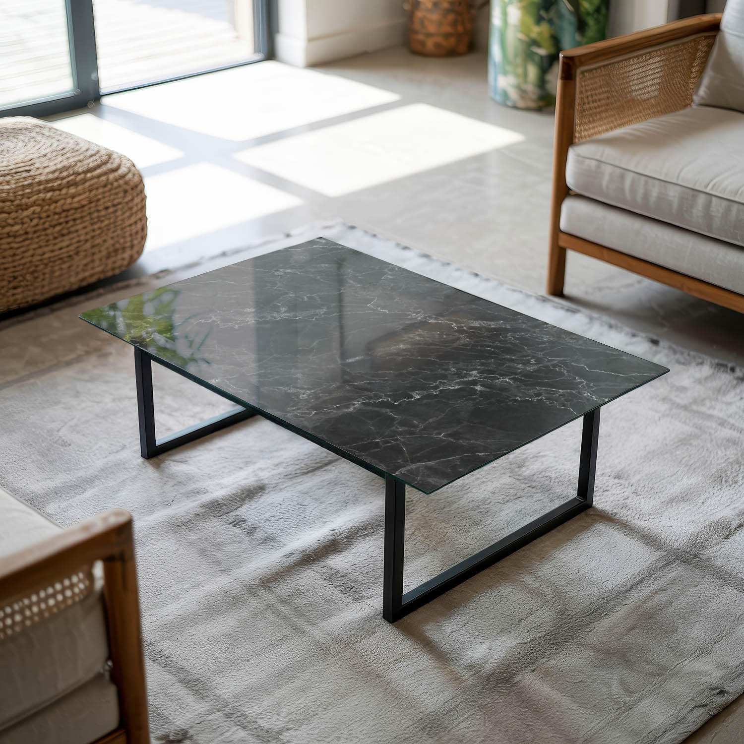 TISCHPLATTE 80x60 cm Marmoriert mit Aderung - Hellgrau/Schwarz, Glas (80/60/0.4cm) - TULUP
