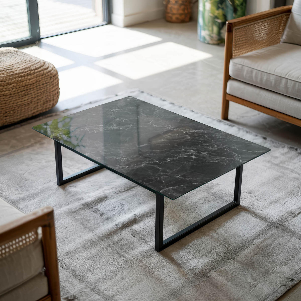 TISCHPLATTE 80x60 cm Marmoriert mit Aderung - Hellgrau/Schwarz, Glas (80/60/0.4cm) - TULUP