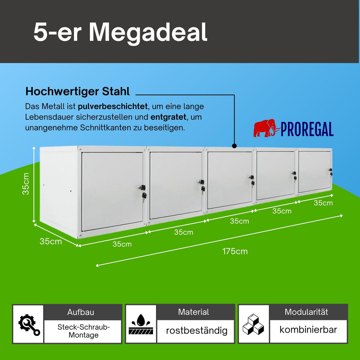 SCHLIESSFACHWÜRFEL Cubic 5er-Set 35x35x35 cm Grau - Grau, Metall (105/70/35cm) - PROREGAL