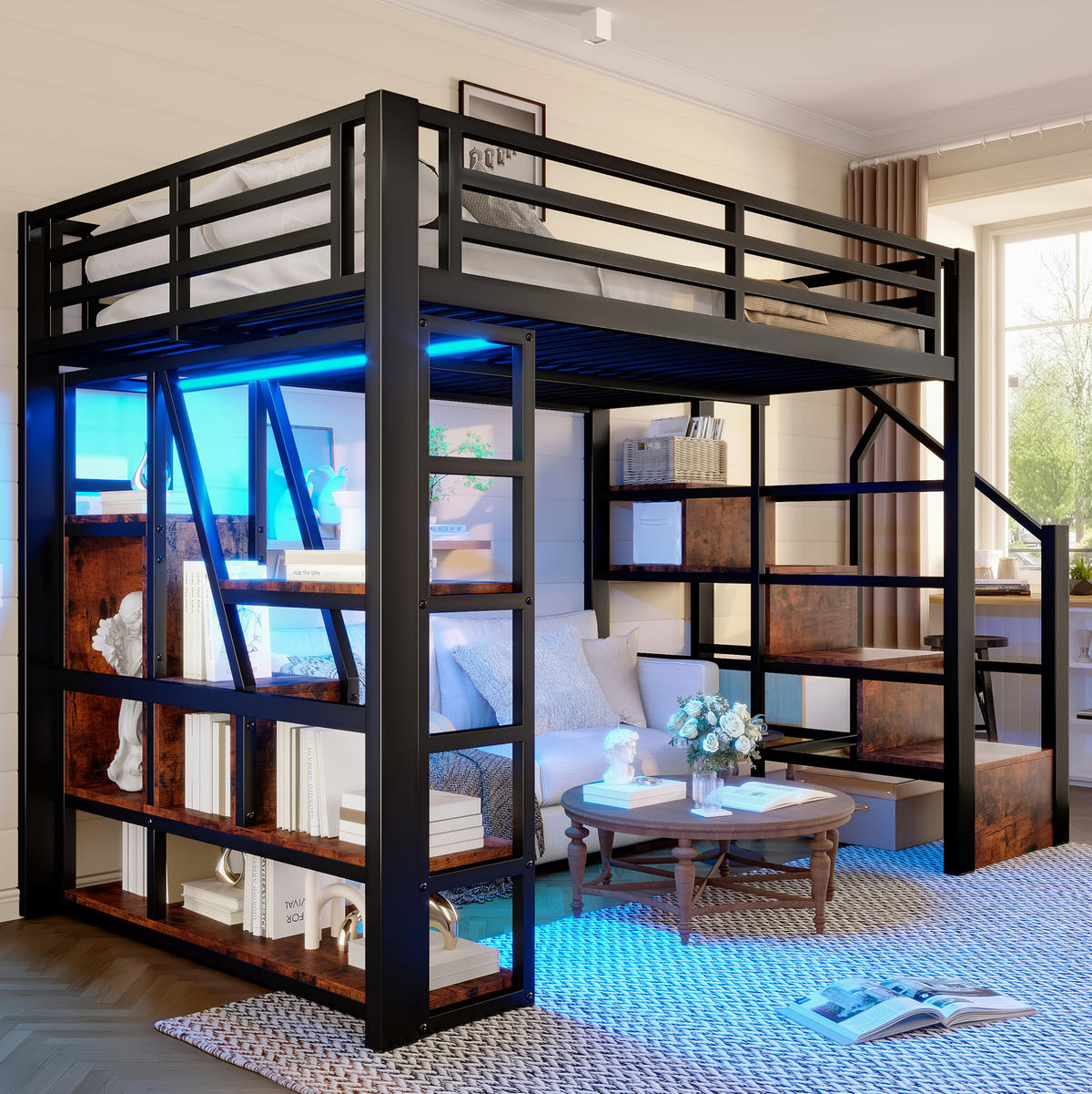 HOCHBETT 140/200 cm, Schwarz mit LED-Lichtleiste, ohne Matratze - Schwarz, Metall (140/200cm) - MIVRAY