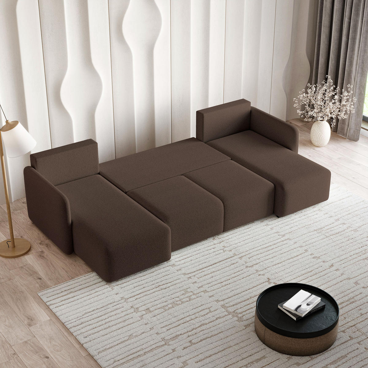 WOHNLANDSCHAFT NUBERO Braun Boucle-Stoff mit Schlaffunktion - Braun, Holz (285/85/143cm) - MASSENO