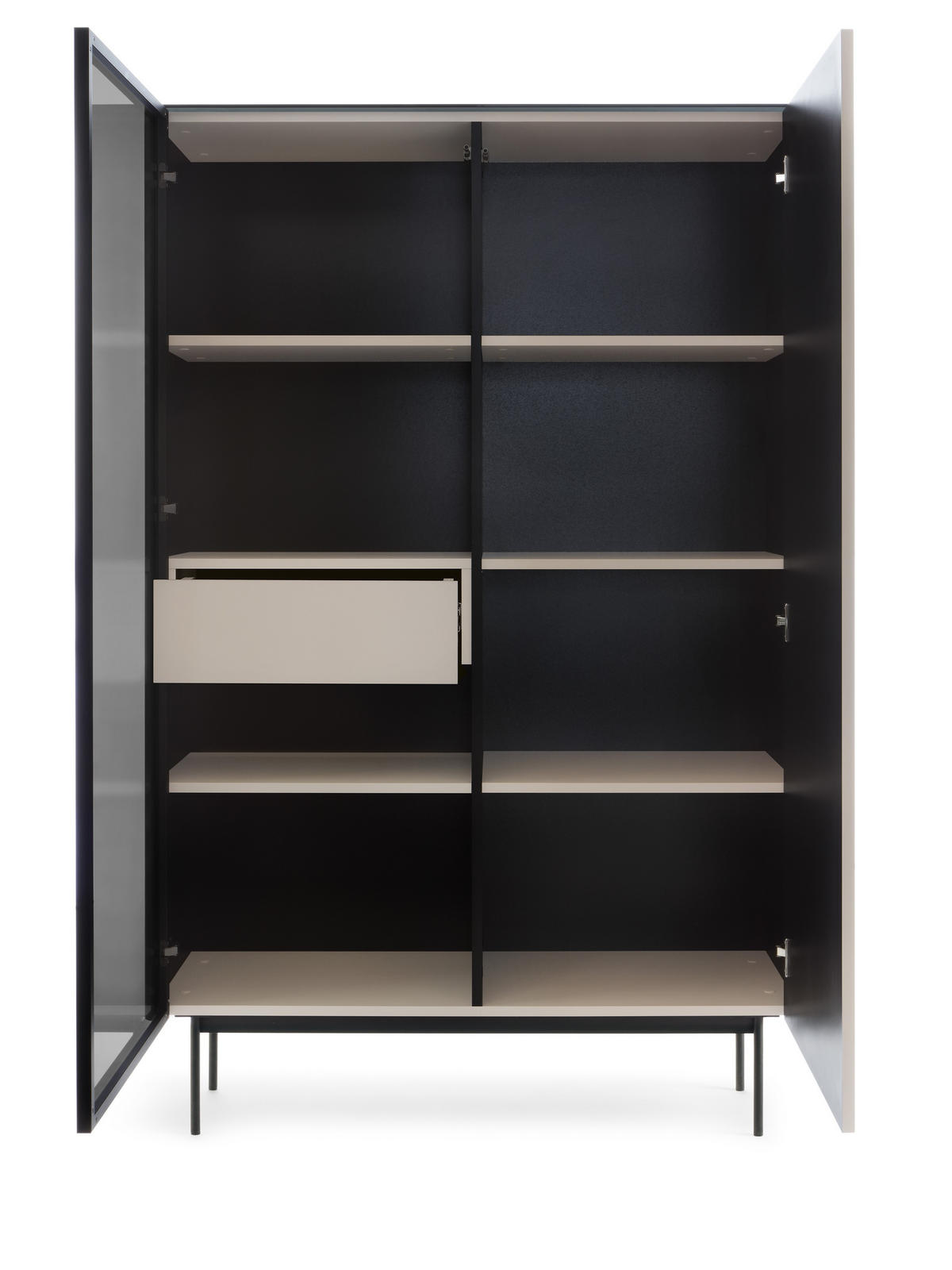 VITRINE Rita Kaschmir, Hochschrank mit LED Beleuchtung und Glasfront - Kaschmir/Schwarz, Holzwerkstoff (107/163/39cm) - Bettso