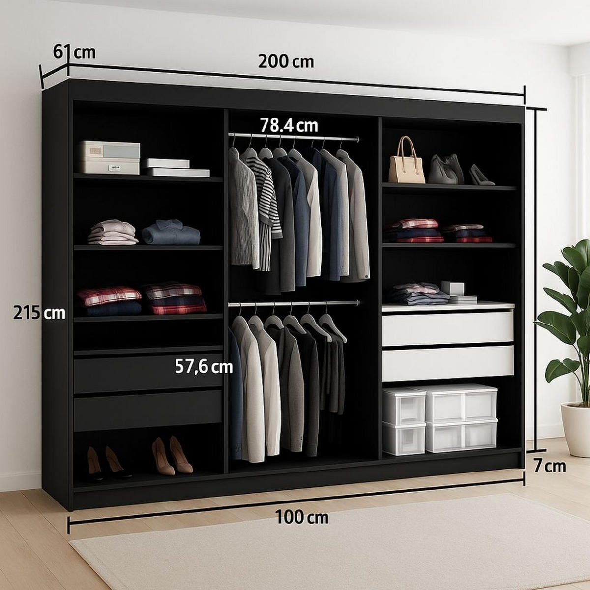 SCHWEBETÜRENSCHRANK Lami mit Spiegel und Lamellen, 215x200x61cm, Schwarz+Weiß - Schwarz/Weiß, Holzwerkstoff (200/215/61cm) - AN-Moebel 4u