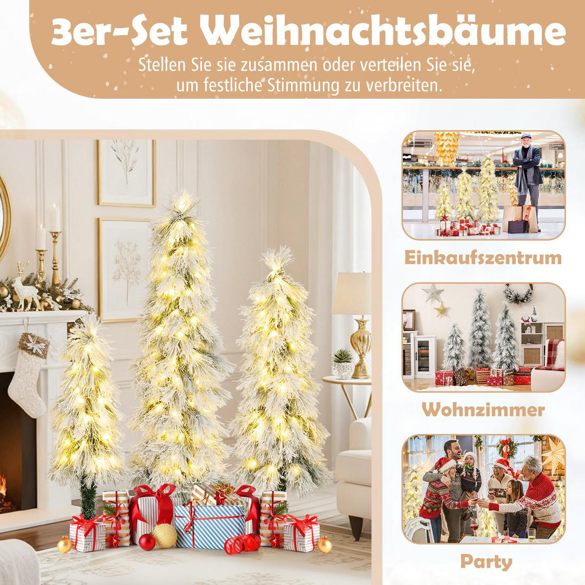 WEIHNACHTSBAUM Tannenform mit warmweißer Beleuchtung und Schnee 90/120/150 cm weiß - Weiß, Metall (150cm) - COSTWAY