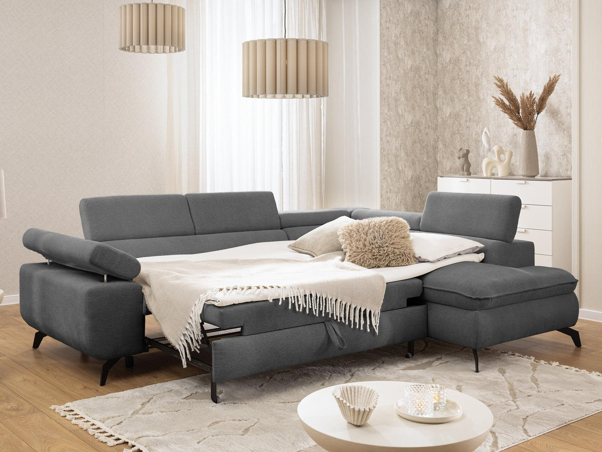 ECKSOFA mit Schlaffunktion und Bettkasten Bonnie aus Grau Chenille-Stoff mit verstellbaren Kopfstützen und Armlehne - Ottomane rechts - Schwarz/Grau, Holz/Textil (275/210cm) - S-Style Möbel