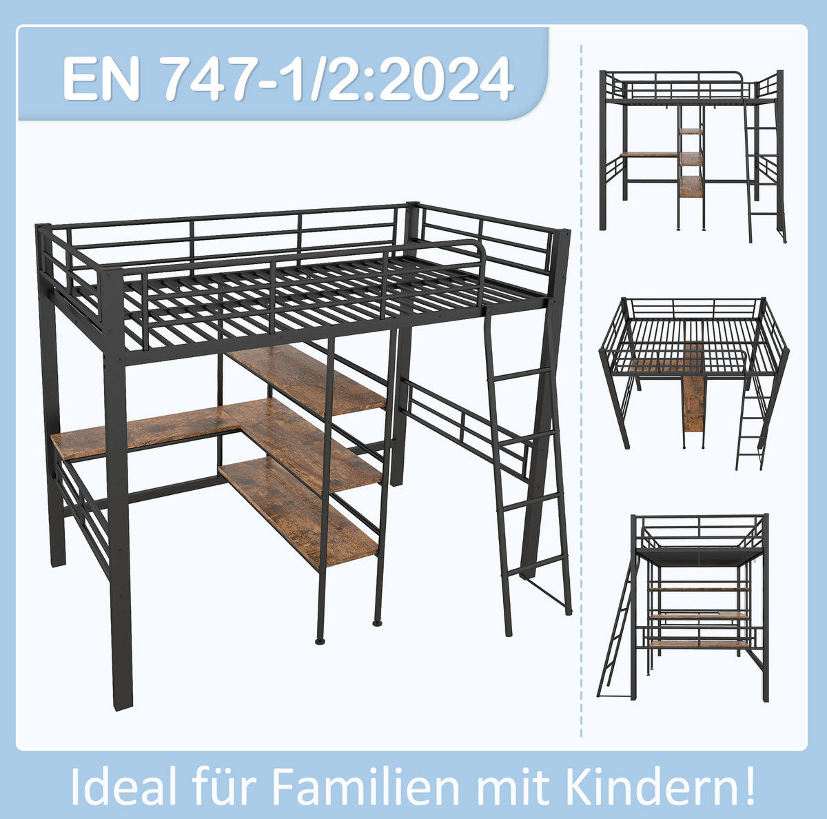 HOCHBETT 90/200 cm Schwarz aus Metall mit Schreibtisch - Schwarz, Metall (90/200cm) - OKMYHOME