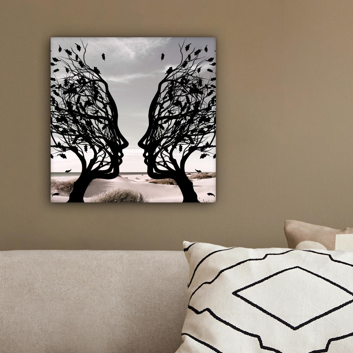 LEINWANDBILD Strand - Meer - Menschen - Baum - Moderne Kunst 20x20 cm - Hellgrau, Textil (20/20cm) - MuchoWow