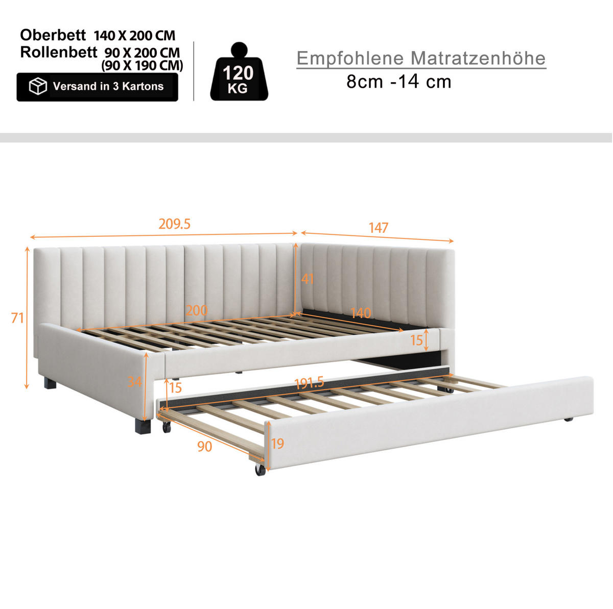 POLSTERBETT 140/200 cm aus Samt mit ausziehbarem Unterbett Beige - Beige, Leder (140/200cm) - Modenvie