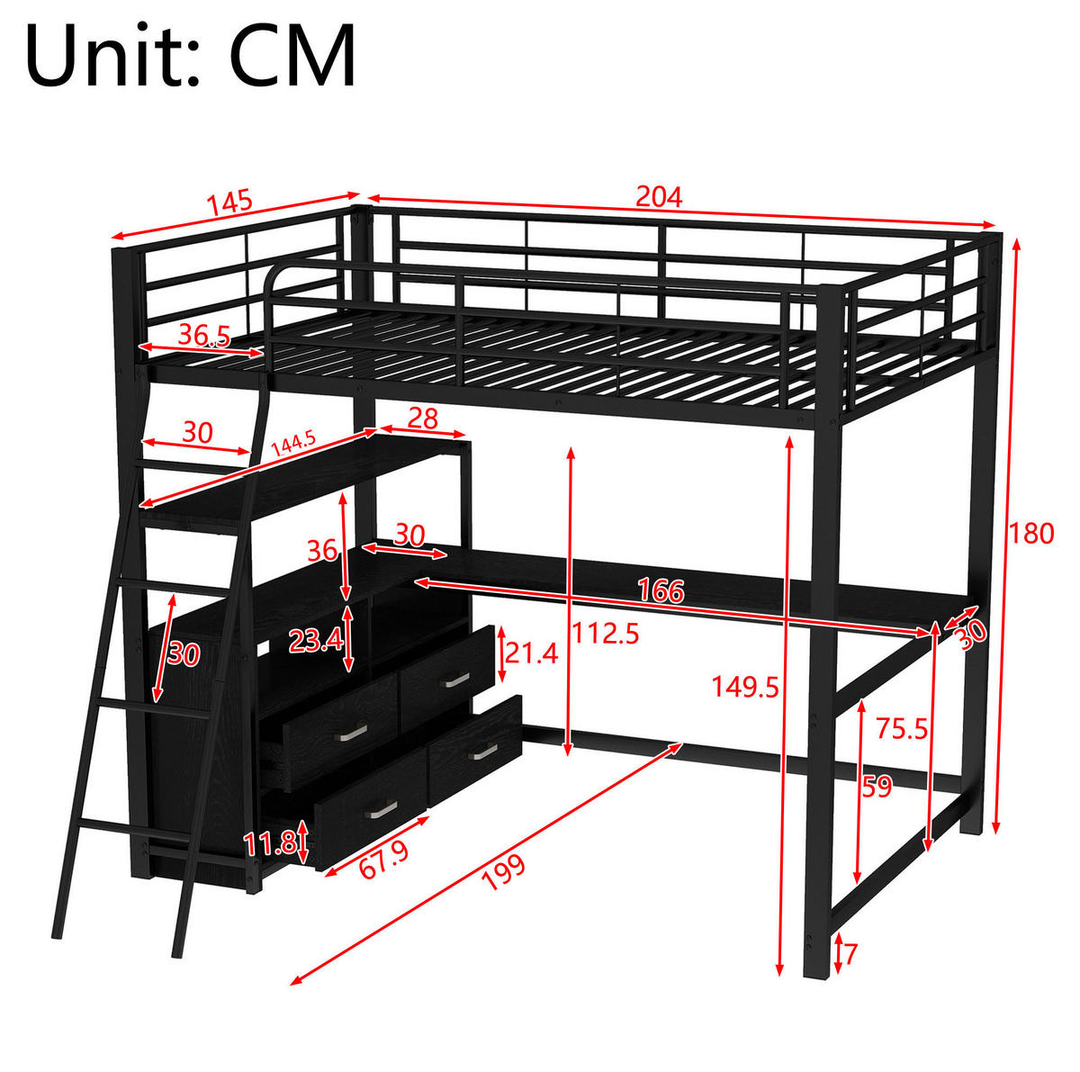 HOCHBETT 140/200 cm Schwarz aus Metall und MDF mit L-förmigem Schreibtisch - Schwarz, Metall (140/200cm) - OKMYHOME