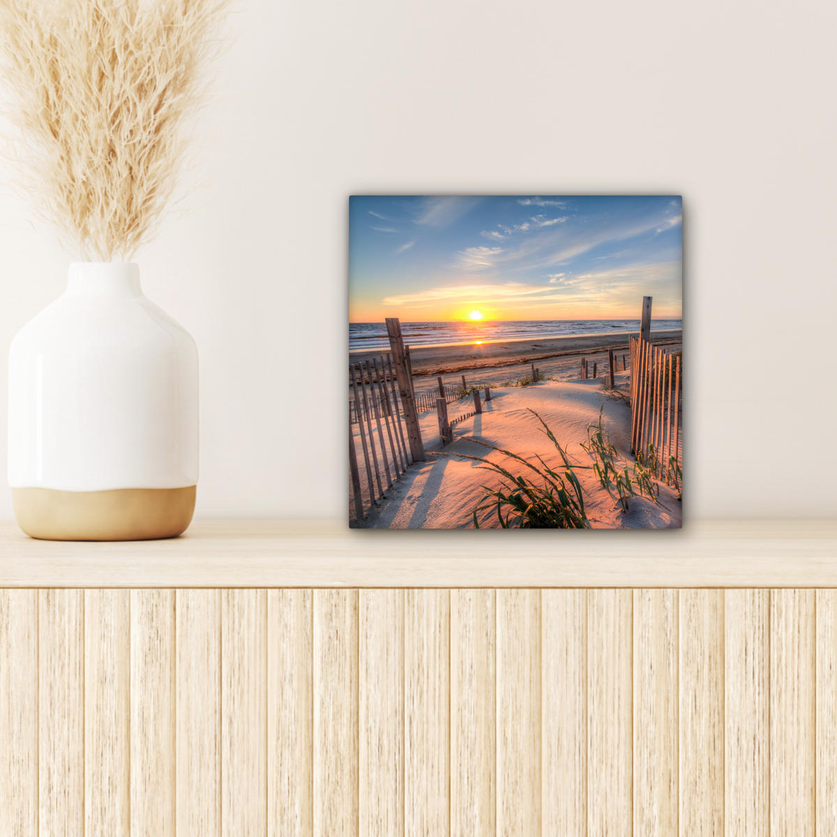 LEINWANDBILD Strand - Meer - Düne - Sonnenuntergang - Landschaft Deko Wohnzimmer 20x20 cm - Beige, Textil (20/20cm) - MuchoWow