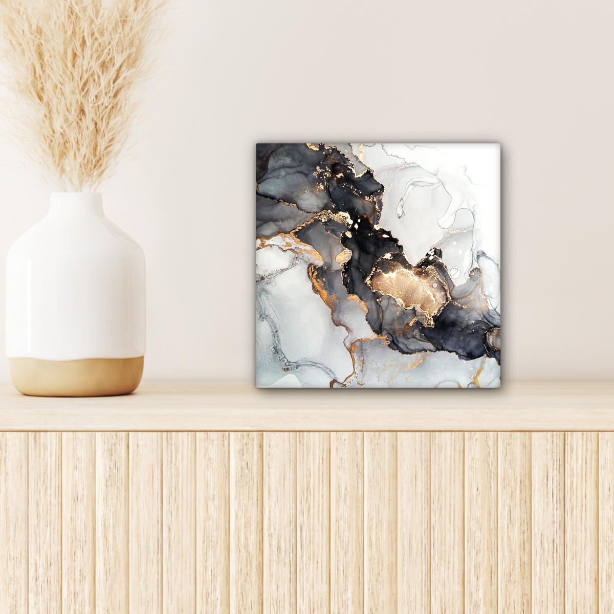 LEINWANDBILD Marmor - Schwarz - Weiß - Gold - Luxus - Abstrakt 20x20 cm - Goldfarben, Textil (20/20cm) - MuchoWow