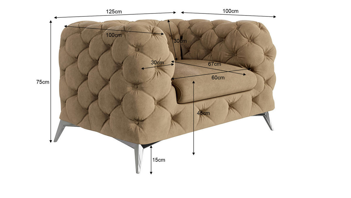 CHESTERFIELD-SESSEL Laura Beige Samt - Beige/Silberfarben, Holz/Textil (125/75/100cm) - S-Style Möbel