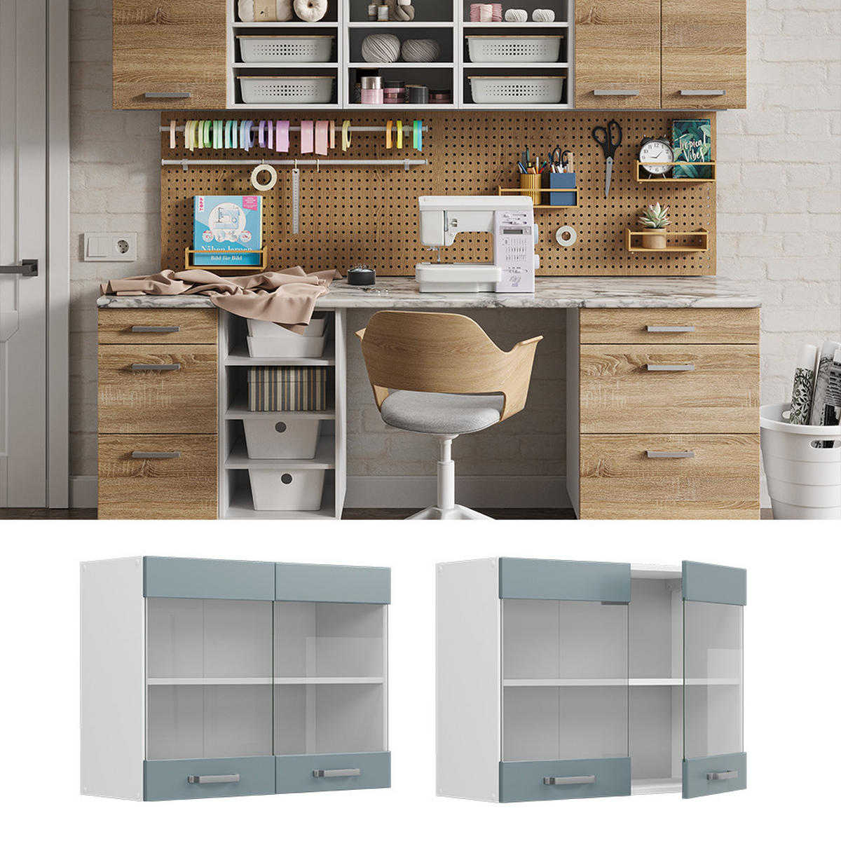 UNIVERZÁLNÍ NÁSTĚNNÁ SKŘÍŇKA R-Line Modrošedá - bílá/šedohnědá, kompozitní dřevo (80/60/31cm) - Vicco