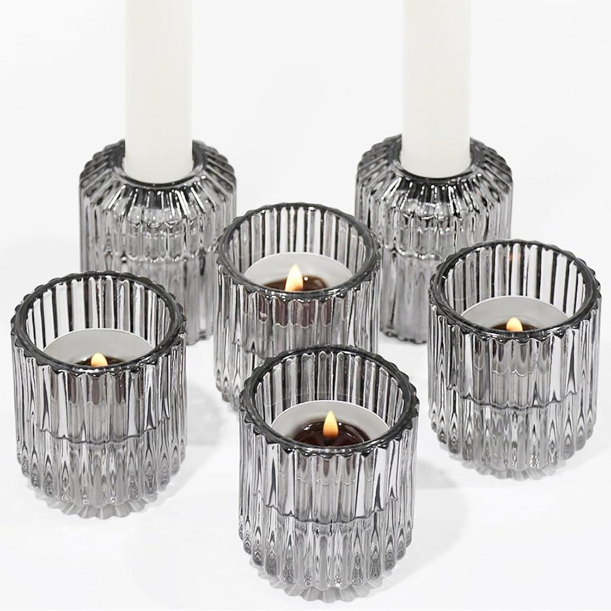 KERZENHALTER 3-teiliges Set Glas Grau - Grau, Glas (5/5/6cm)