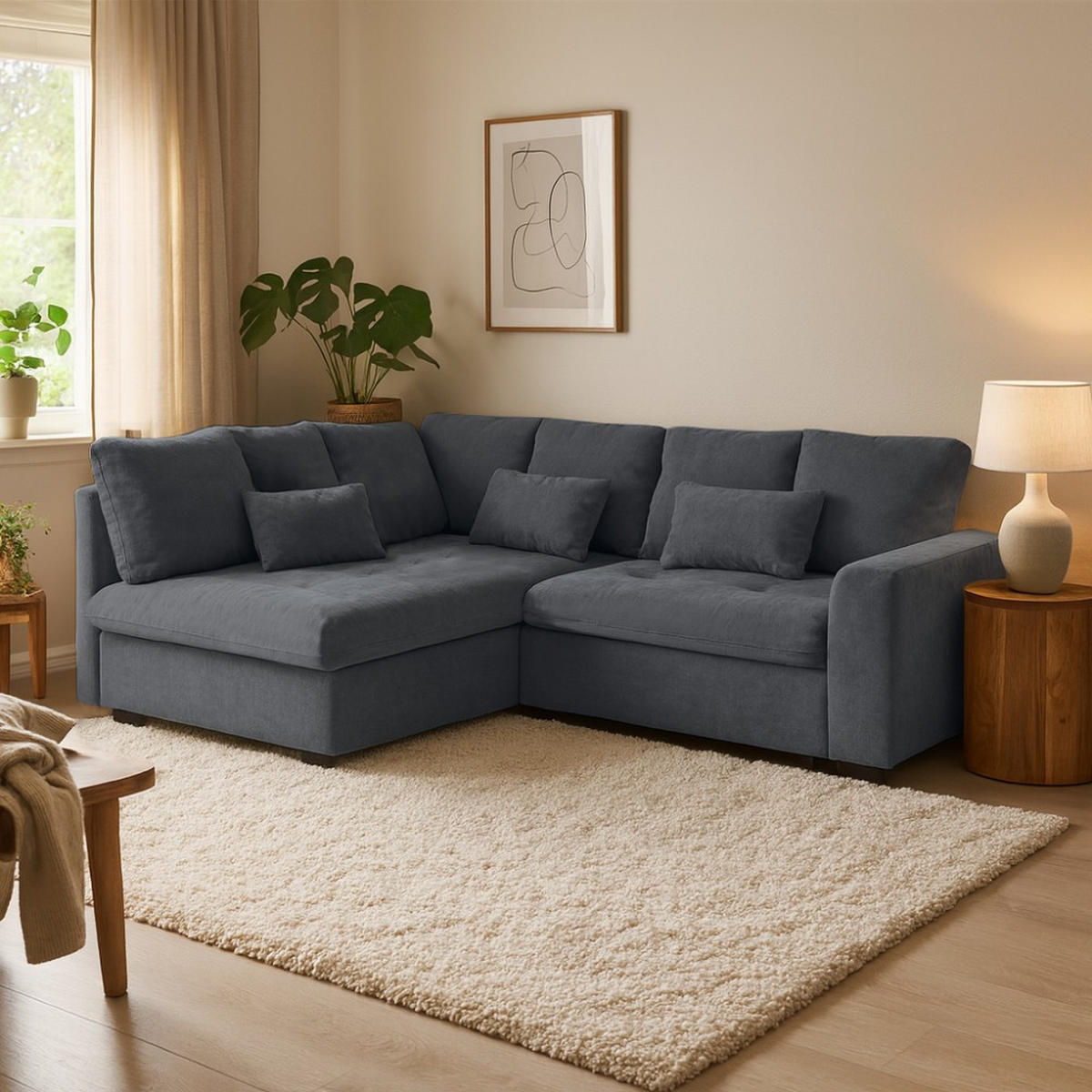 ECKSCHLAFSOFA Ramo mit Bettkasten, Topper gratis, Dunkelgrau, links - Dunkelgrau/Schwarz, Textil (229/190cm) - Beautysofa
