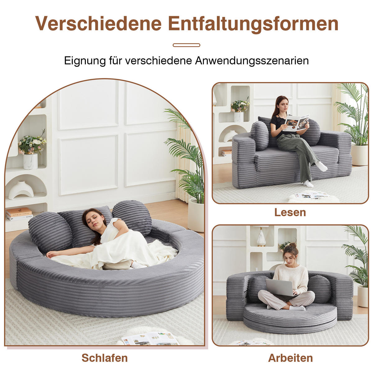 SCHLAFSOFA 4-in-1 halbrund/rund mit 3 Kissen, DE-42726, Grau - Grau, Textil (180/84/92cm) - ComfortXL