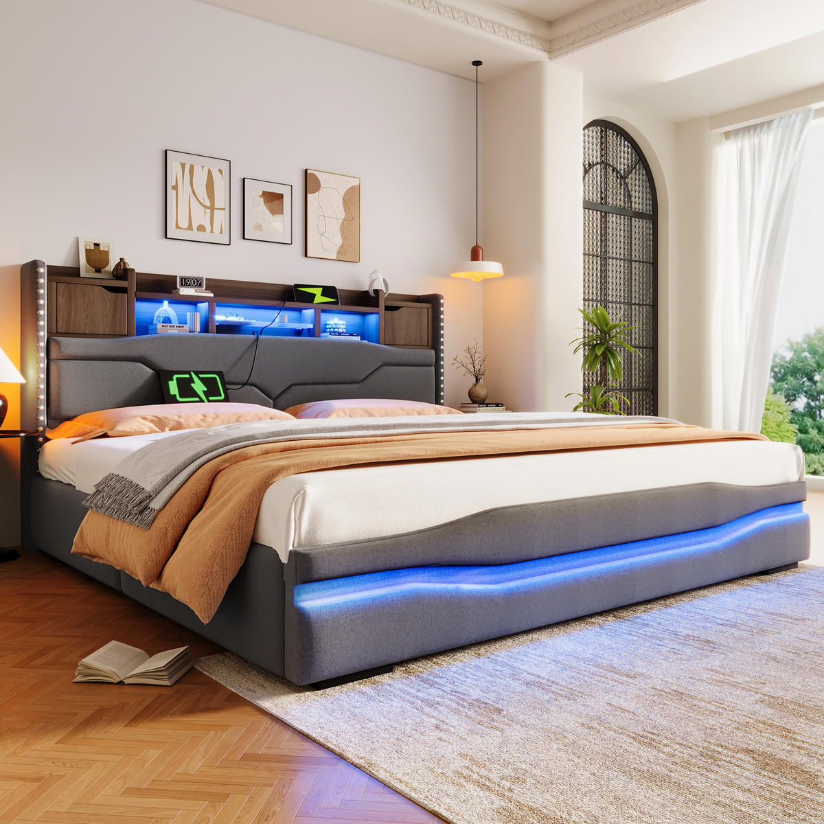 ČALOUNĚNÁ postel 180/200 cm šedá z lnu a MDF s USB-C, zásuvkou, LED a úložným prostorem - šedá, textil (180/200cm) - OKWISH