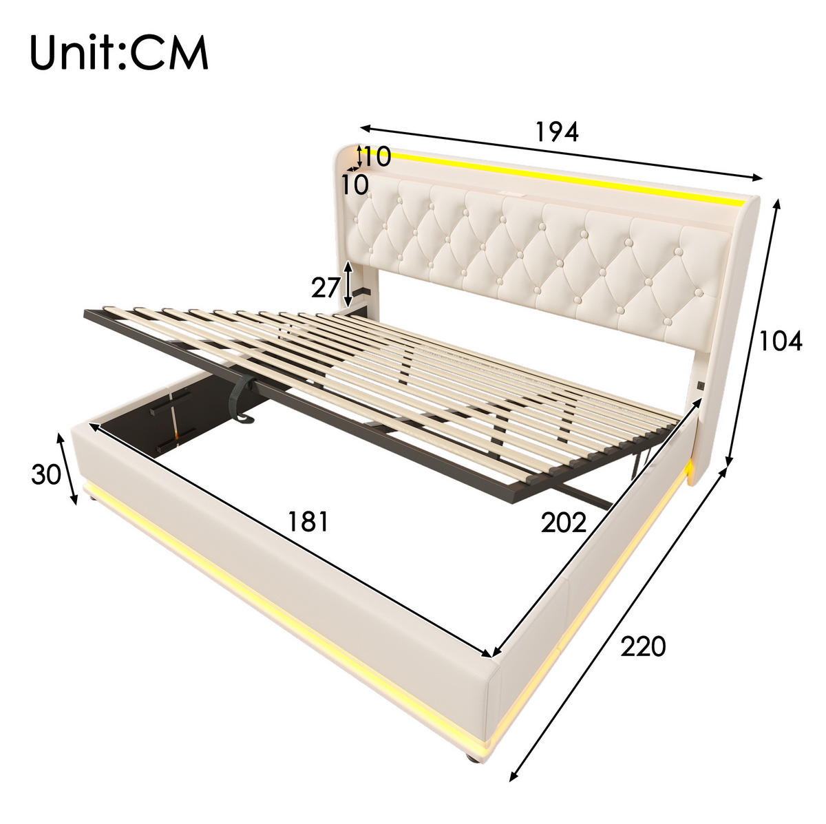 POLSTERBETT aus Kunstleder 180x200 cm in Weiß mit LED & USB-C-Ladefunktion - Weiß, Leder (180/200cm) - Modfu