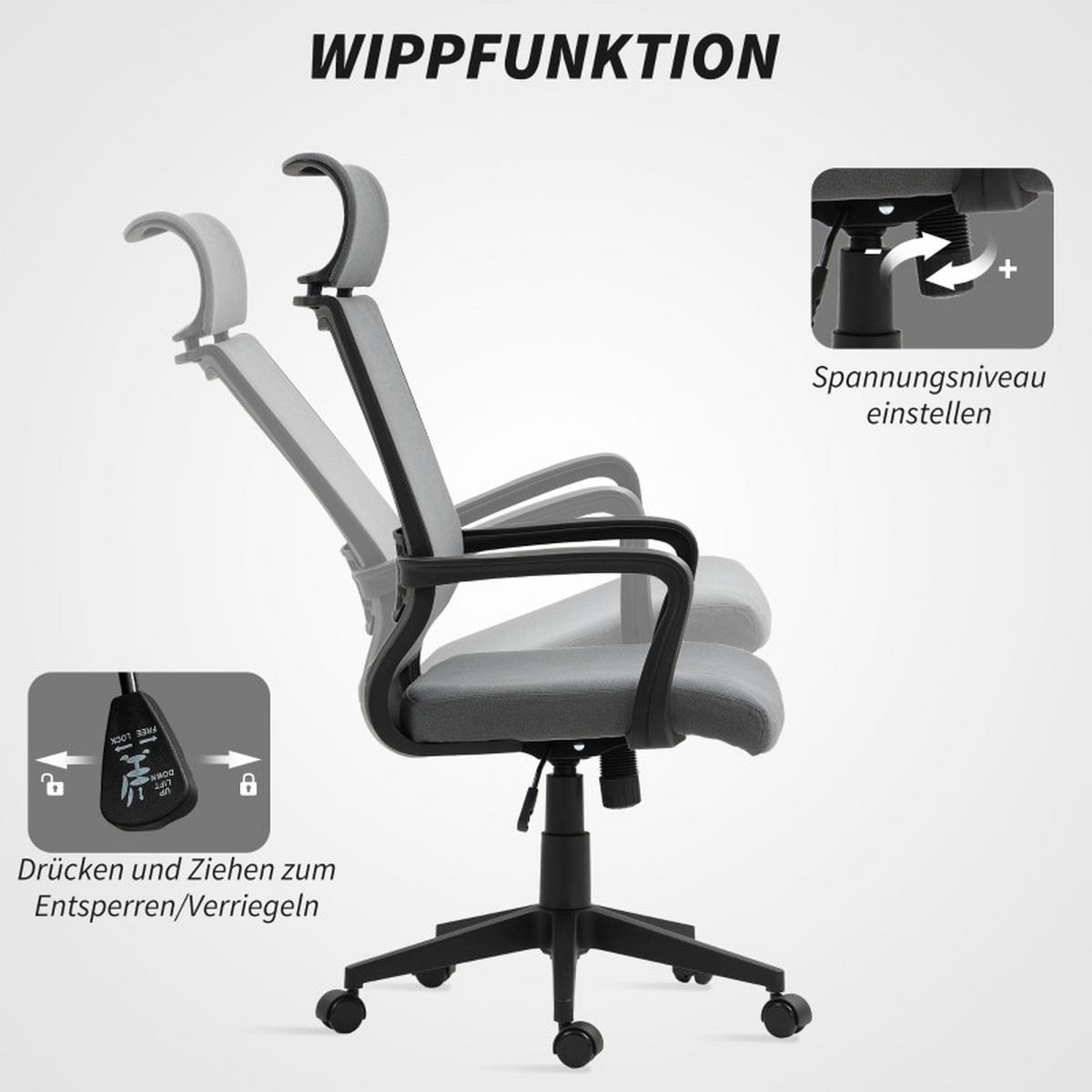 ERGONOMISKA snurrstolar med nackstöd och gungfunktion, mörkgrå - Mörkgrå, Metall (60.5/117/69cm) - SHOPENTRA