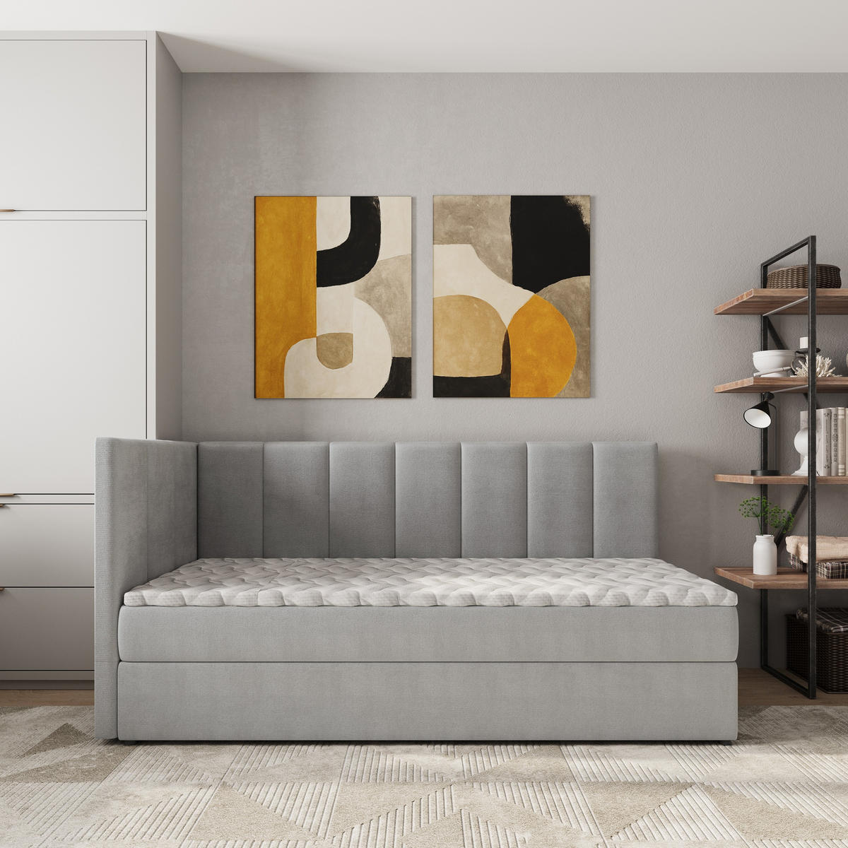 BOXBETT BEVE 80x200 cm mit Matratze und Topper, H2+H3 - Hellgrau - Hellgrau, Holz (80/200cm) - MASSENO